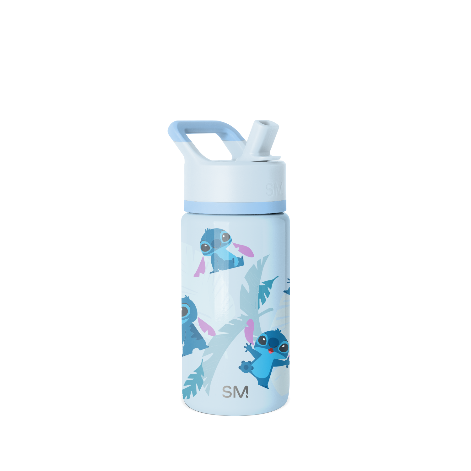 Light sky blue water bottle with white lid and handle, featuring medium blue, teal, and magenta accent colors
