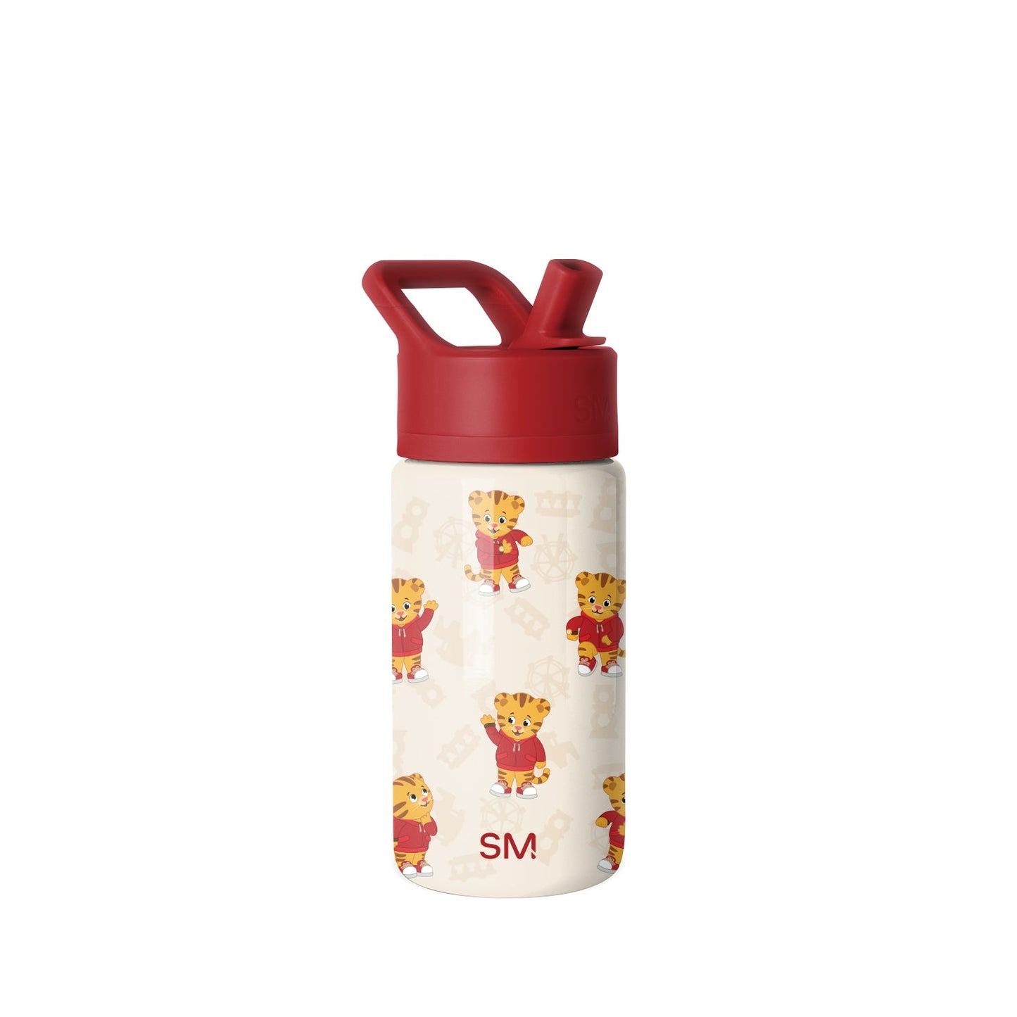 Simple Modern children's water bottle with cream body, red flip-top cap and handle, decorated with playful cartoon tigers in red outfits and yellow accents scattered across the surface.