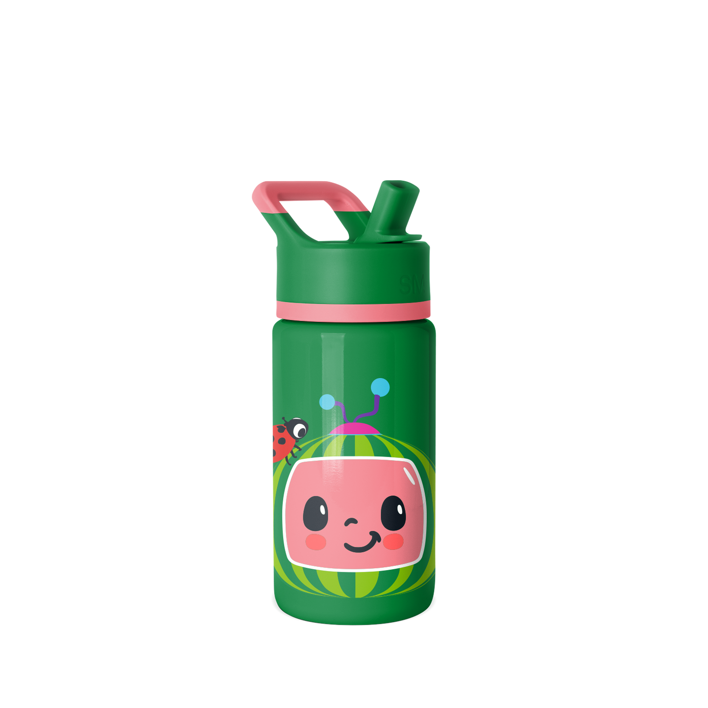Kelly green water bottle with coral and hot pink character illustration featuring accents of light blue, yellow, and dark gray