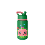 Kelly green water bottle with coral and hot pink character illustration featuring accents of light blue, yellow, and dark gray
