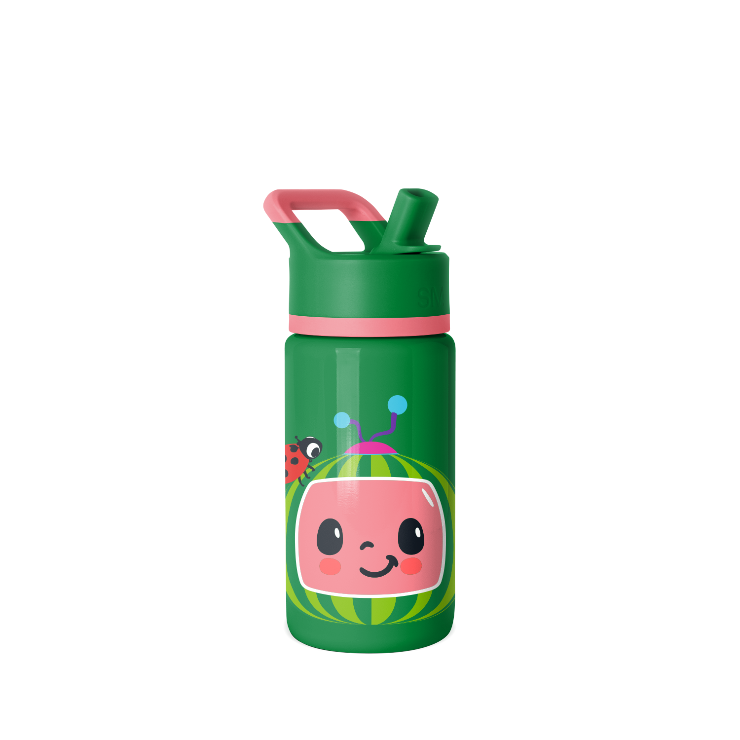 Kelly green water bottle with coral and hot pink character illustration featuring accents of light blue, yellow, and dark gray