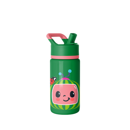 Kelly green water bottle with coral and hot pink character illustration featuring accents of light blue, yellow, and dark gray