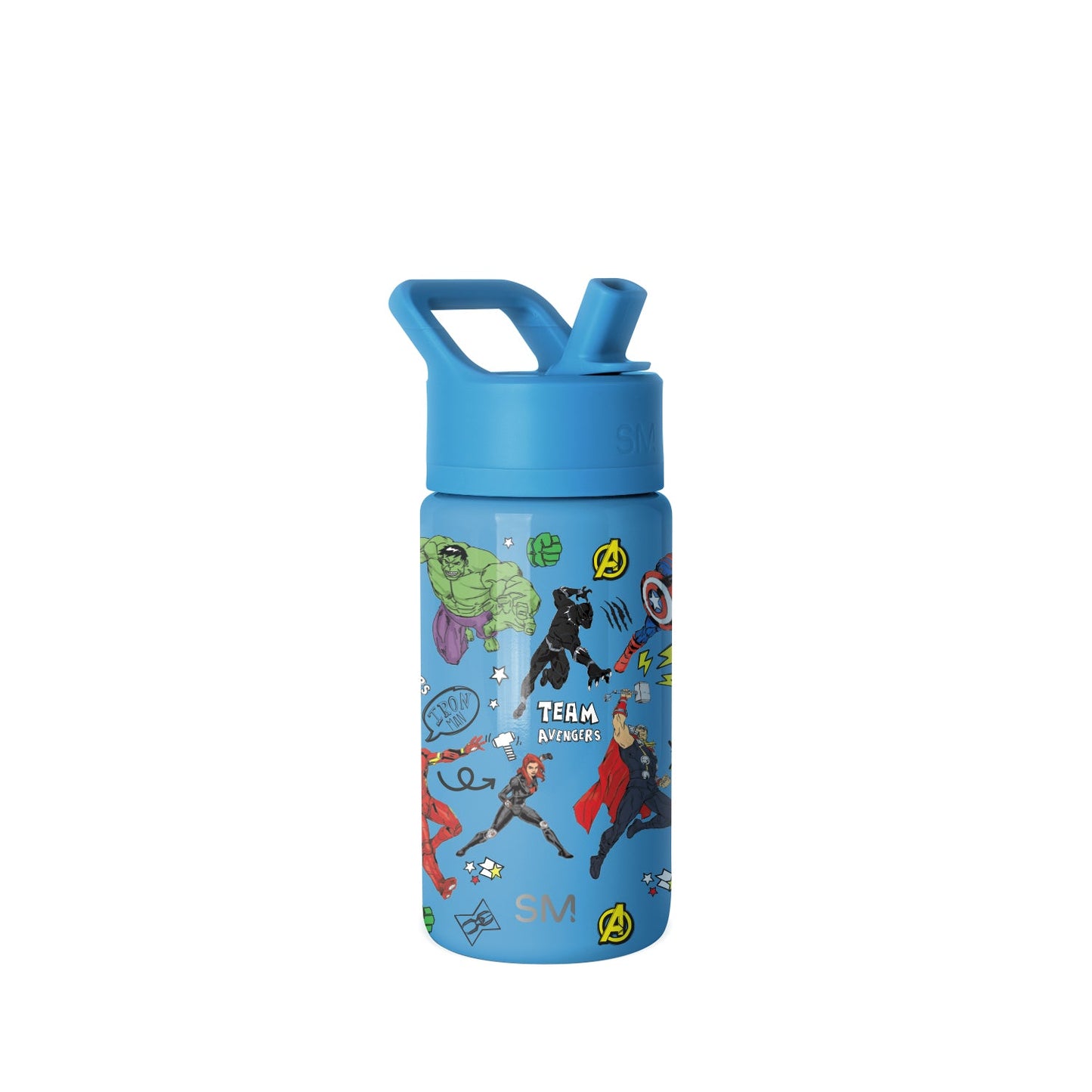 Bright blue Simple Modern 14-ounce kids water bottle with flip-top straw cap and carry handle, featuring Marvel Avengers characters and "Team Avengers" text on white background.