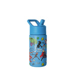 Bright blue Simple Modern 14-ounce kids water bottle with flip-top straw cap and carry handle, featuring Marvel Avengers characters and "Team Avengers" text on white background.