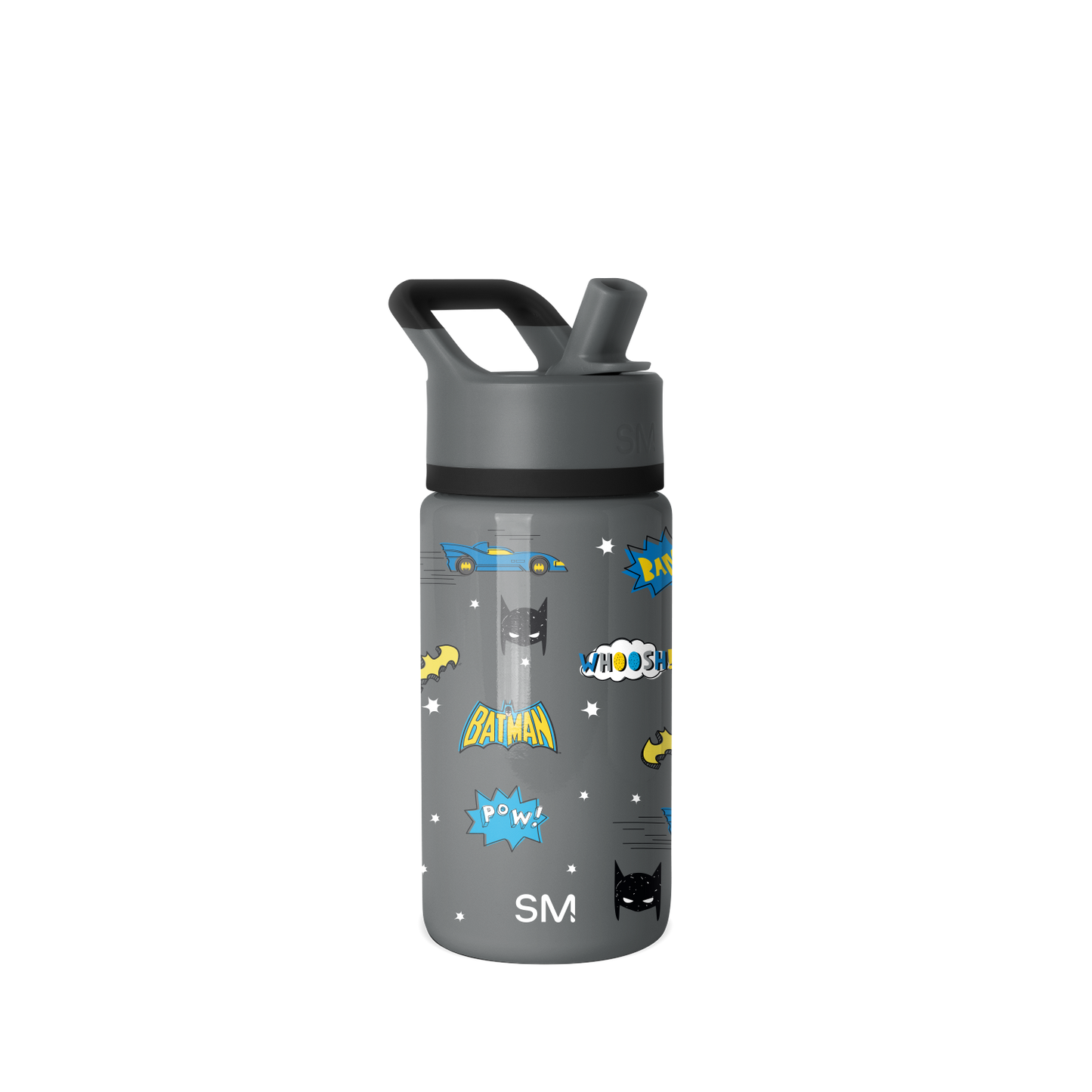Charcoal gray water bottle with black lid and spout, featuring bright blue and vibrant graphic accents on the design.