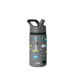 Charcoal gray water bottle with black lid and spout, featuring bright blue and vibrant graphic accents on the design.