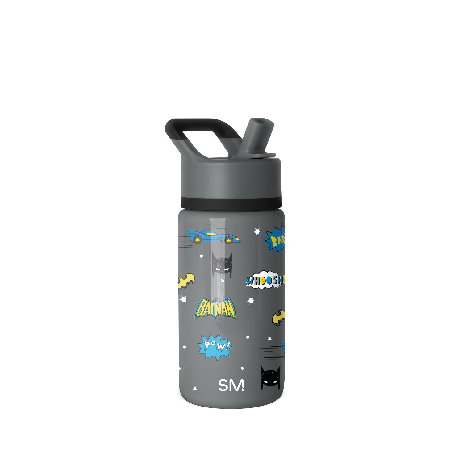Charcoal gray water bottle with black lid and spout, featuring bright blue and vibrant graphic accents on the design.