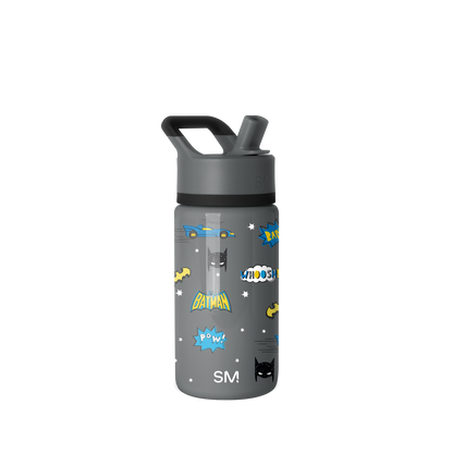 Charcoal gray water bottle with black lid and spout, featuring bright blue and vibrant graphic accents on the design.