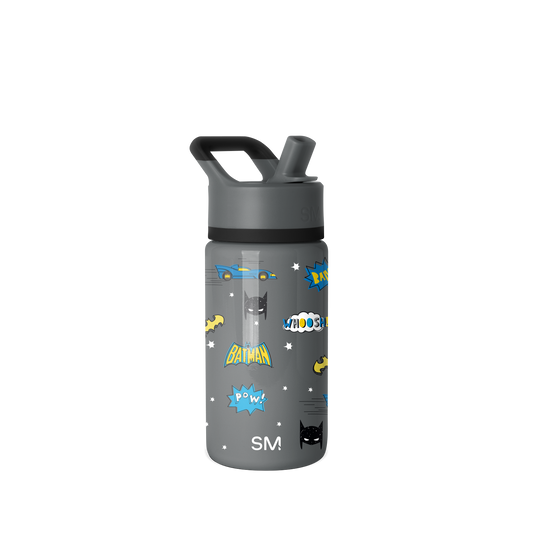 Charcoal gray water bottle with black lid and spout, featuring bright blue and vibrant graphic accents on the design.