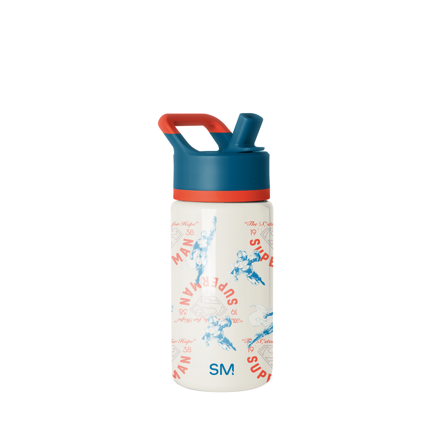 Cream cylindrical container with deep teal upper section, coral-red accent band, and matching handle