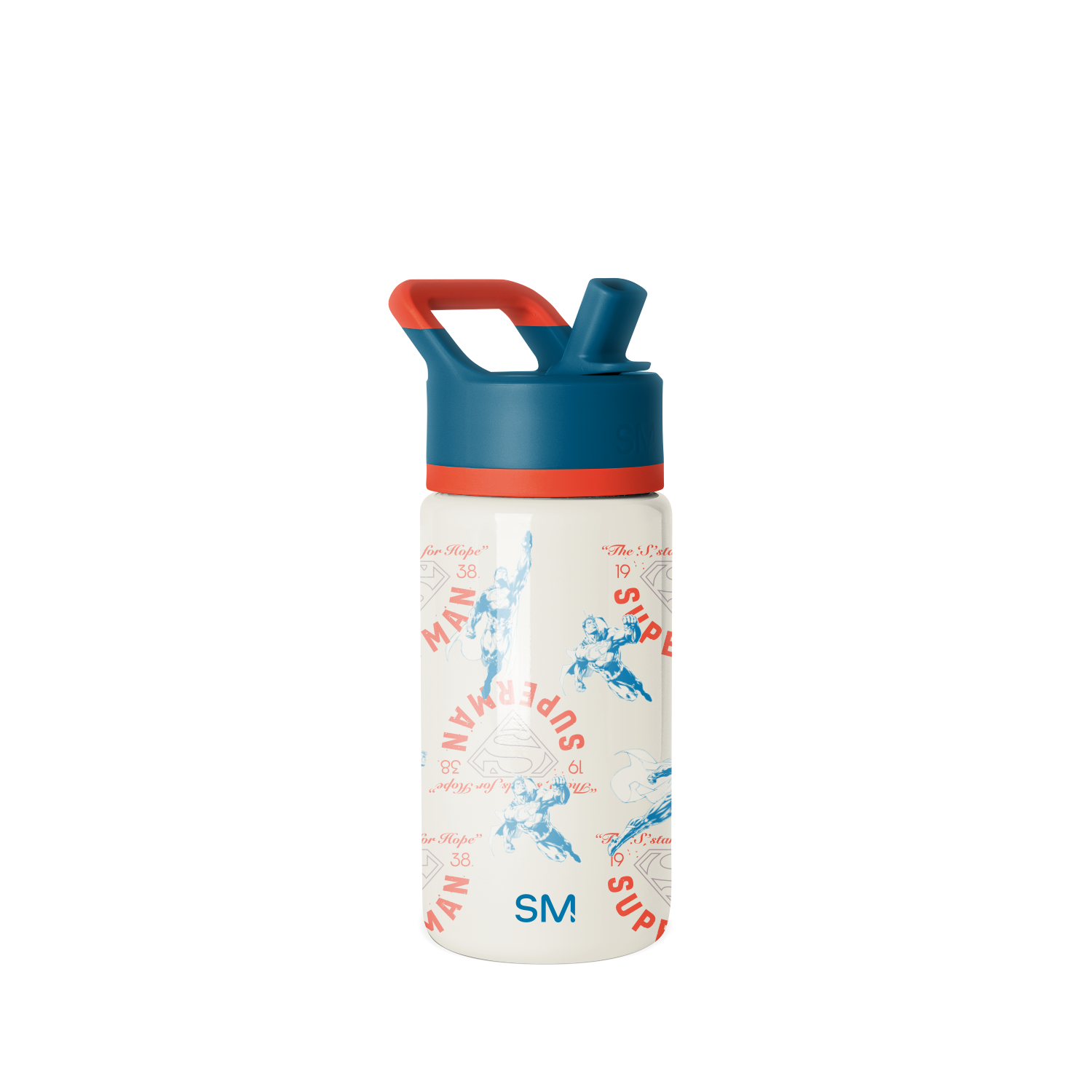 Cream cylindrical container with deep teal upper section, coral-red accent band, and matching handle