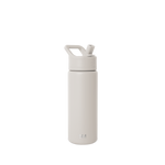Cream-colored water bottle with matching cap on white background