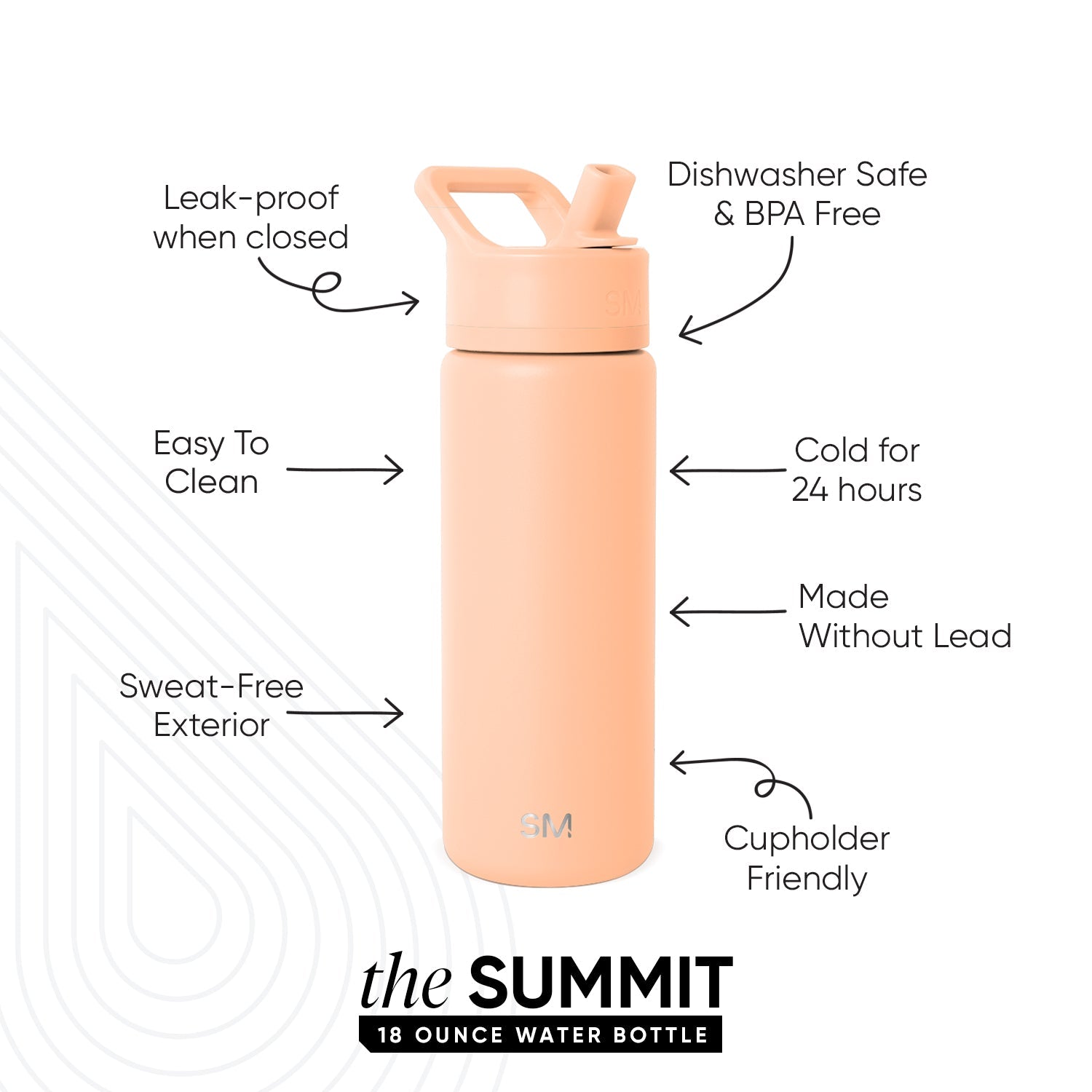 Light coral water bottle with concentric geometric patterns on white background