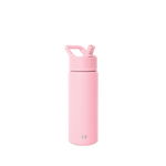 Soft pastel pink water bottle against a light gray background