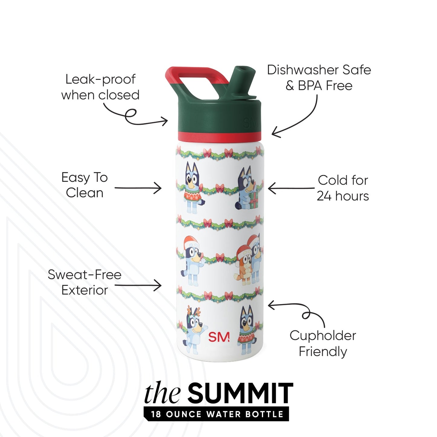 White cylindrical water bottle with red top cap and handle, dark forest green upper band, and horizontal striping design.
