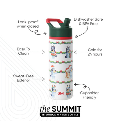 White cylindrical water bottle with red top cap and handle, dark forest green upper band, and horizontal striping design.