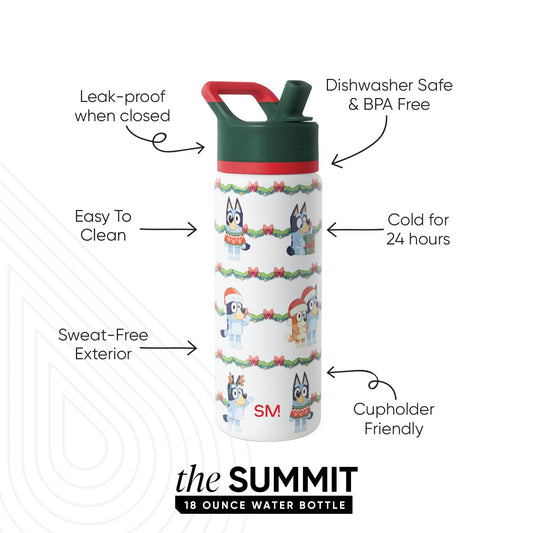 White cylindrical water bottle with red top cap and handle, dark forest green upper band, and horizontal striping design.