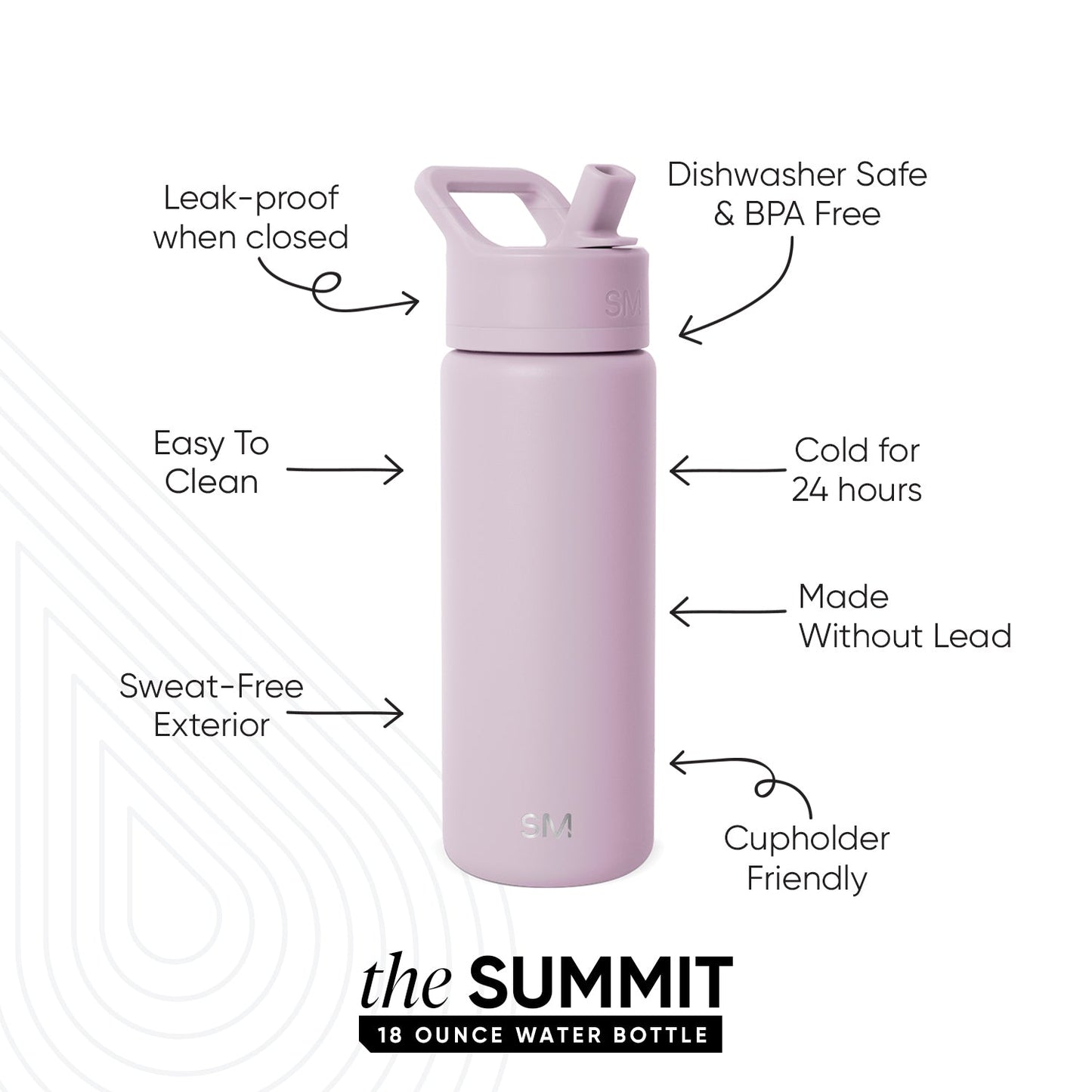 Soft lavender water bottle with muted mauve tone, displayed against a neutral background. The bottle features a clean, modern design in calming dusty purple color.