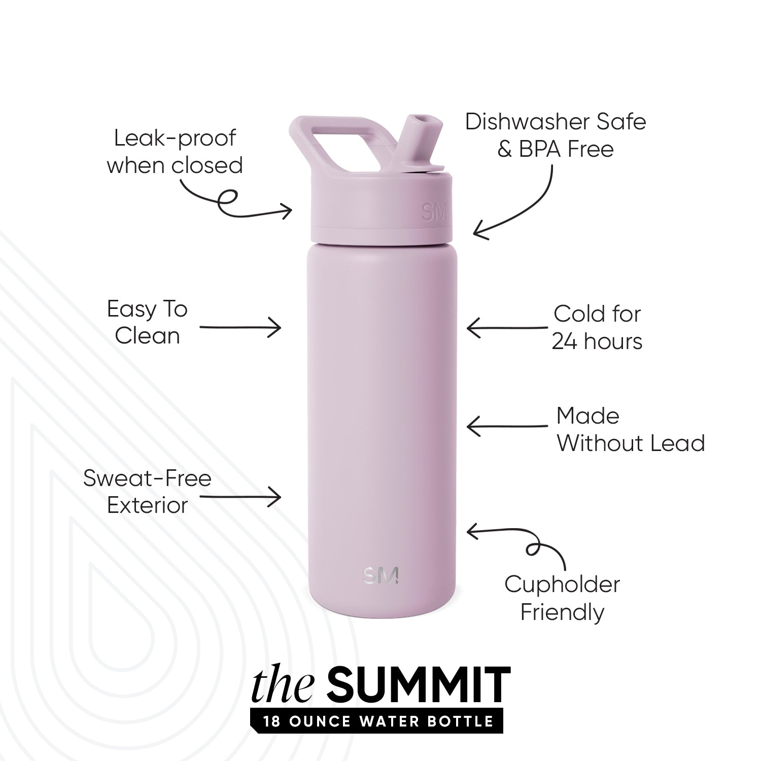 Soft lavender water bottle with muted mauve tone, displayed against a neutral background. The bottle features a clean, modern design in calming dusty purple color.
