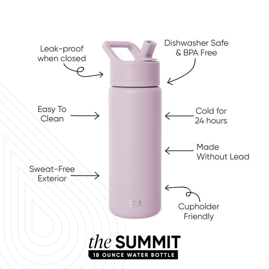 Soft lavender water bottle with muted mauve tone, displayed against a neutral background. The bottle features a clean, modern design in calming dusty purple color.