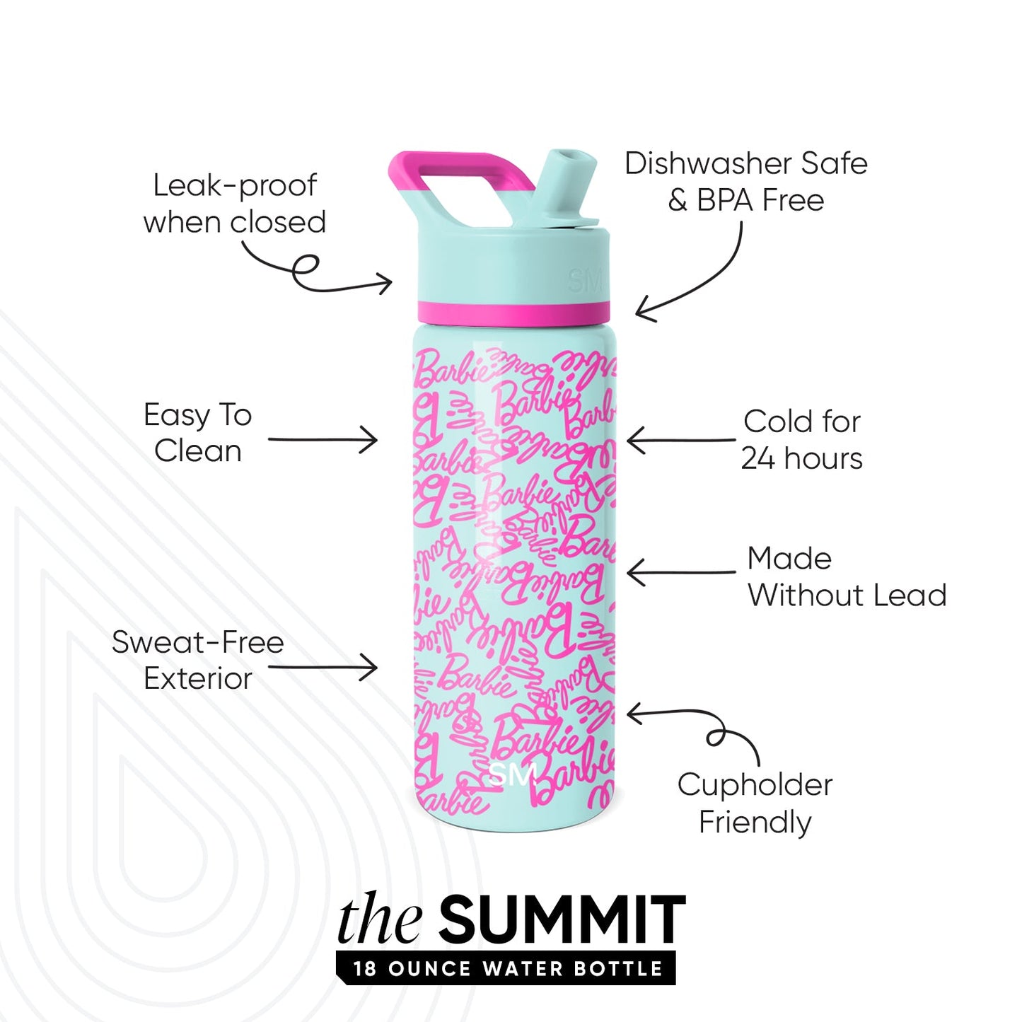 Light mint green water bottle with hot pink handle, stripe band, and text details