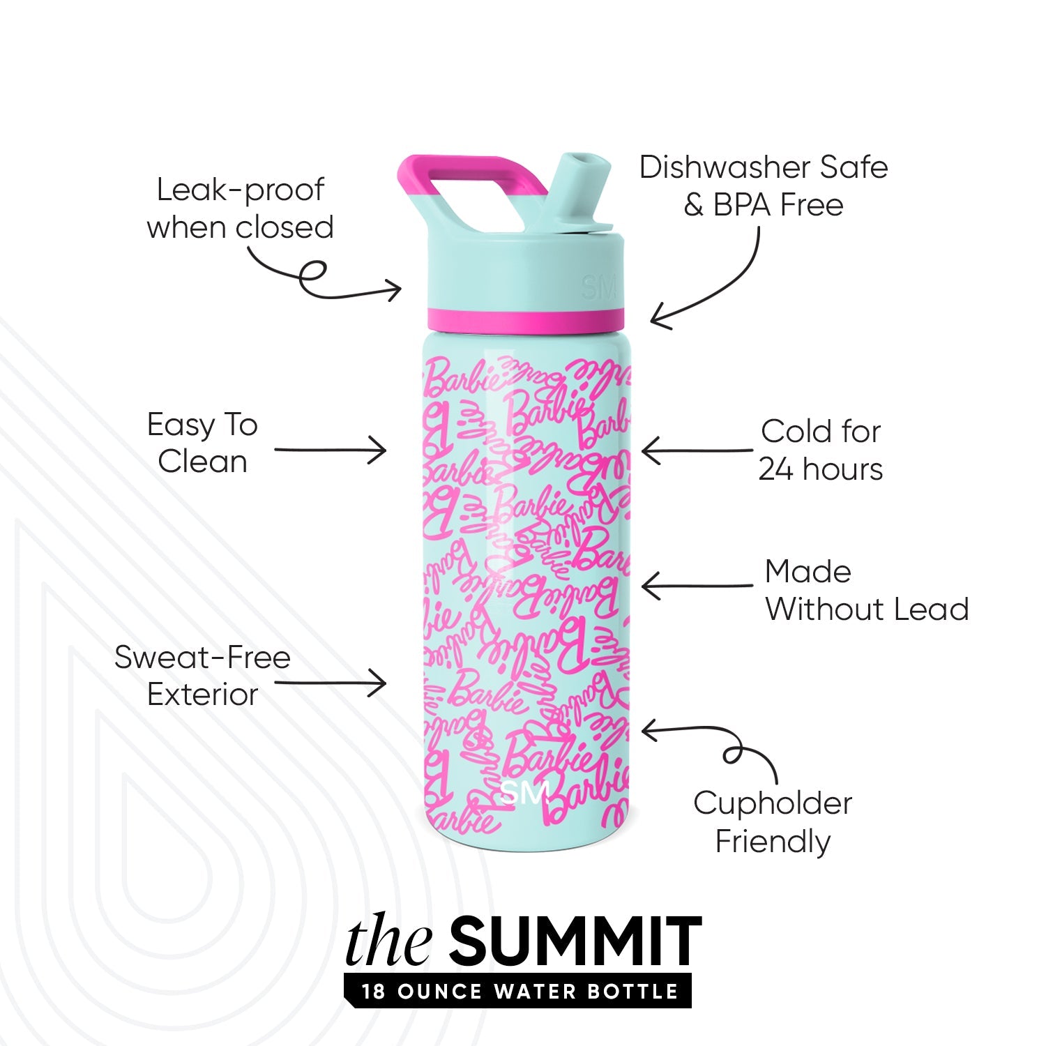 Light mint green water bottle with hot pink handle, stripe band, and text details