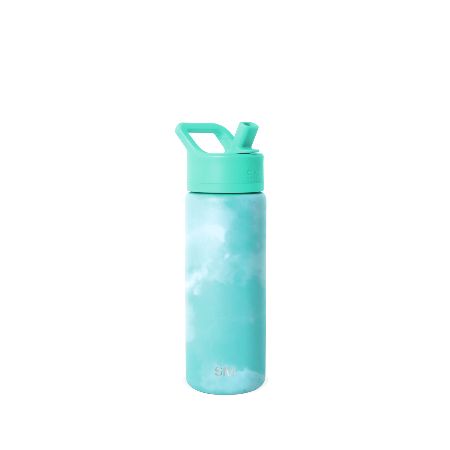Soft turquoise water bottle with white tie-dye cloudy patterns. Pale aqua body with wispy streaks and matching cap. SM2-S-18-OTD-M model.