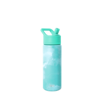 Soft turquoise water bottle with white tie-dye cloudy patterns. Pale aqua body with wispy streaks and matching cap. SM2-S-18-OTD-M model.