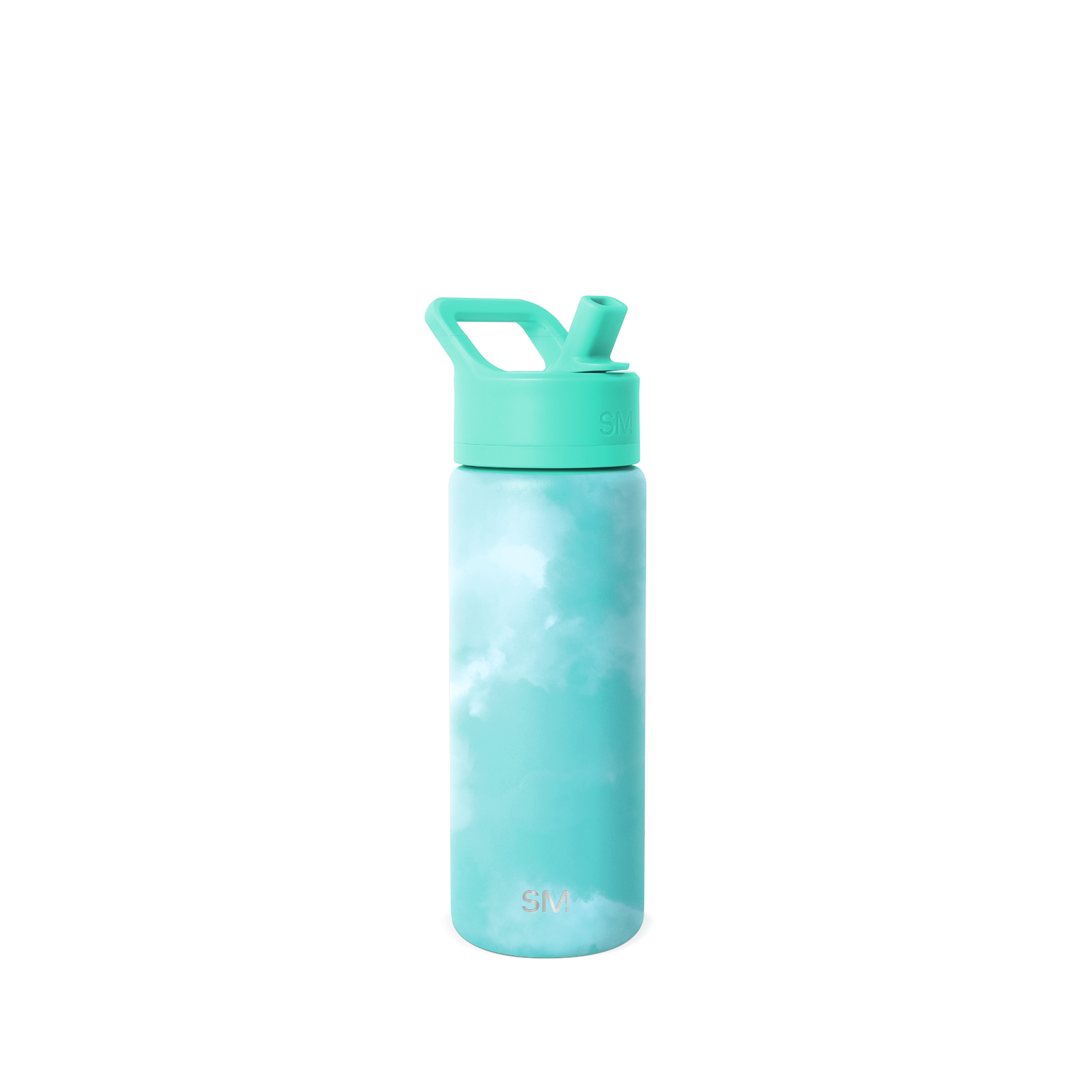 Soft turquoise water bottle with white tie-dye cloudy patterns. Pale aqua body with wispy streaks and matching cap. SM2-S-18-OTD-M model.