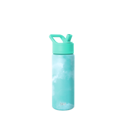 Soft turquoise water bottle with white tie-dye cloudy patterns. Pale aqua body with wispy streaks and matching cap. SM2-S-18-OTD-M model.