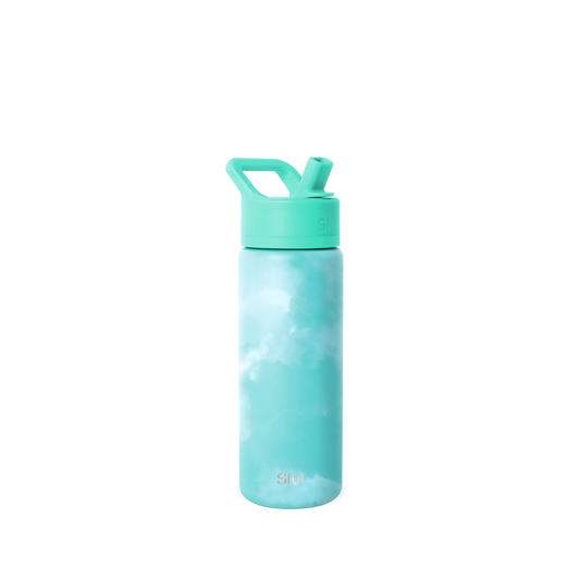 Soft turquoise water bottle with white tie-dye cloudy patterns. Pale aqua body with wispy streaks and matching cap. SM2-S-18-OTD-M model.