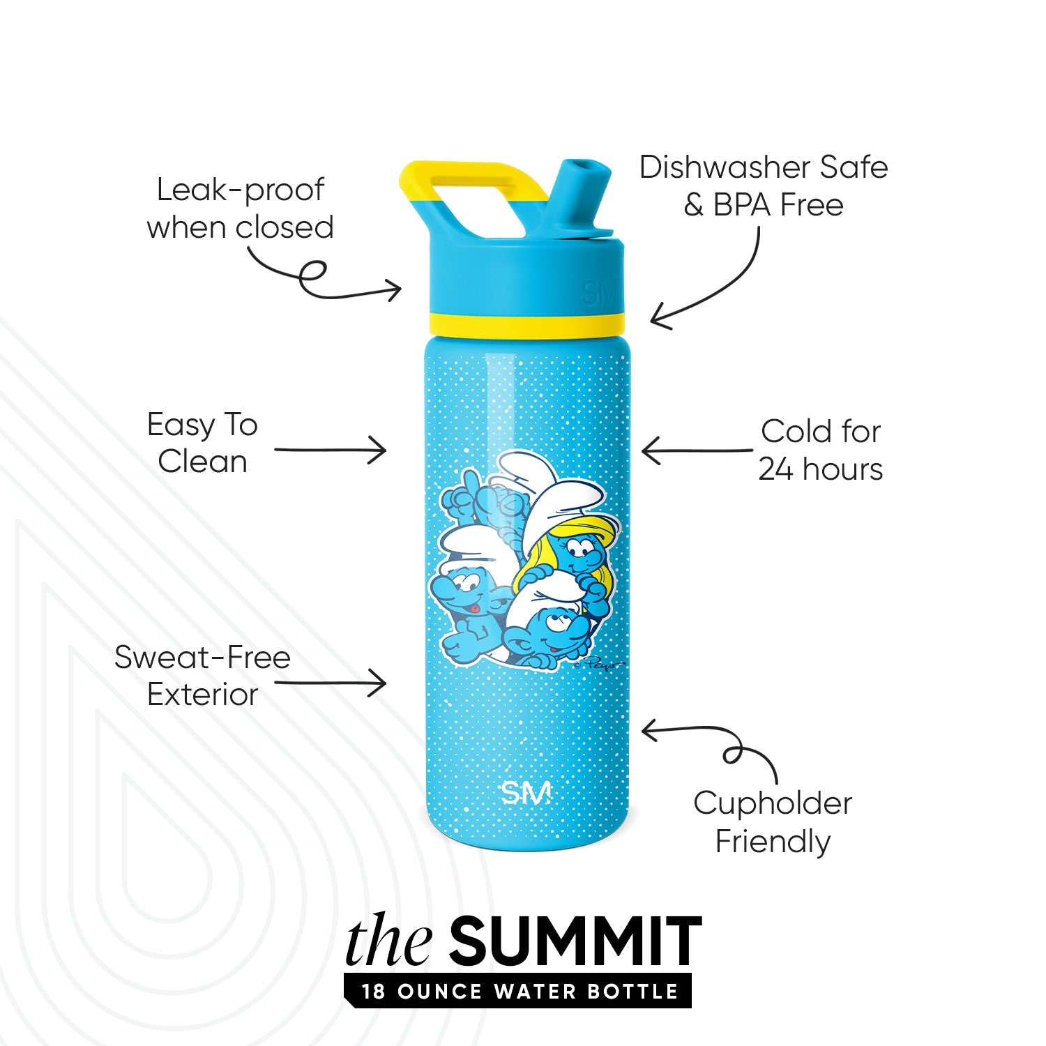 Cyan blue water bottle with yellow flip-top lid and upper band, displayed against a white background.