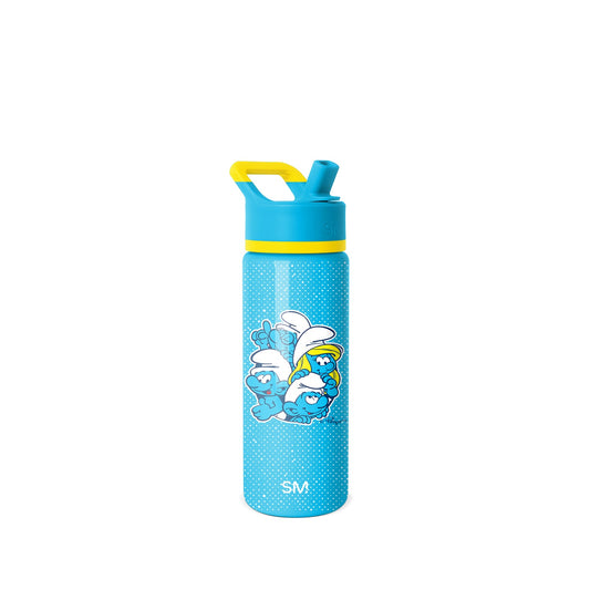Turquoise blue water bottle with yellow-green accent band and handle, featuring a pop-top spout design