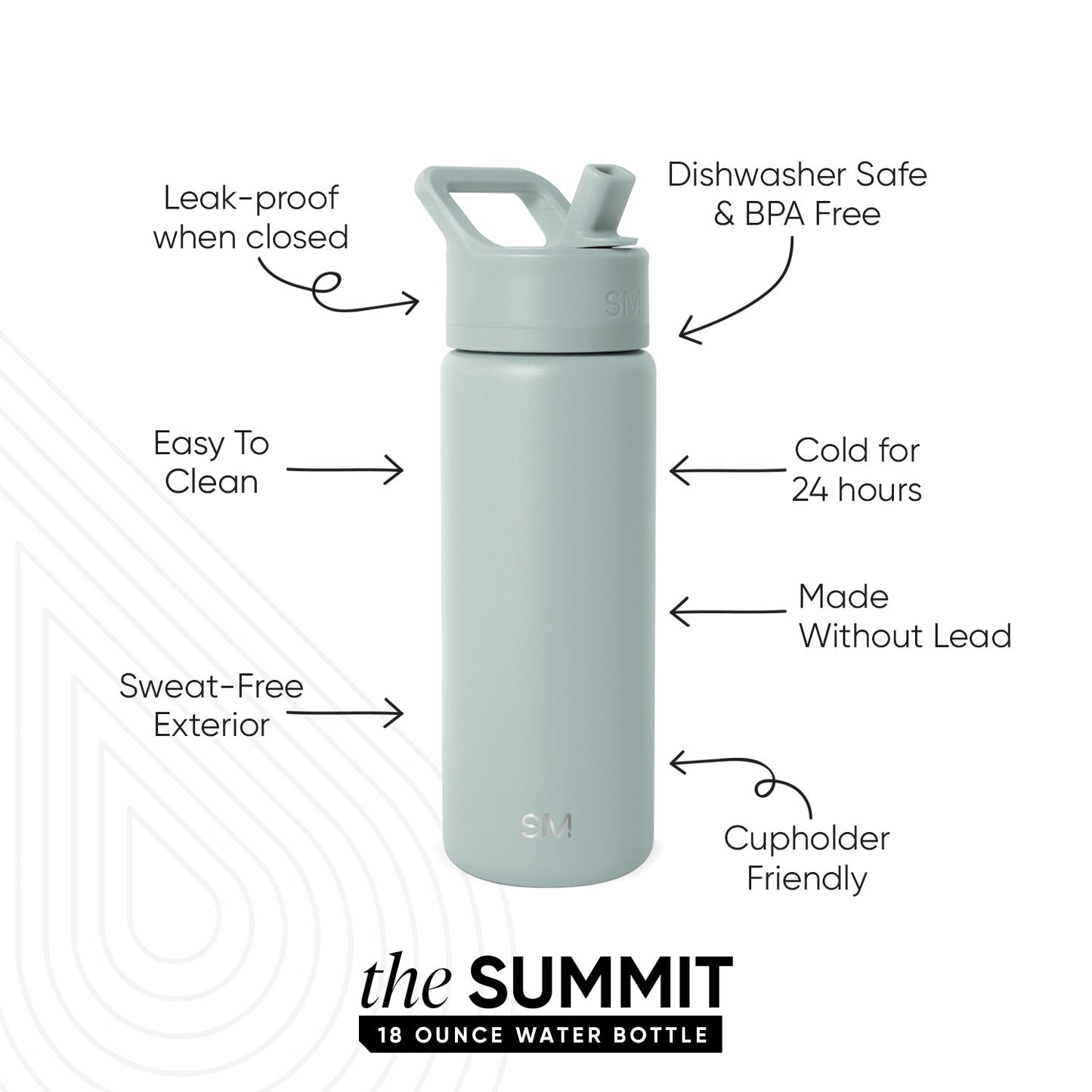 Sage green water bottle with white background featuring subtle light gray geometric wave patterns