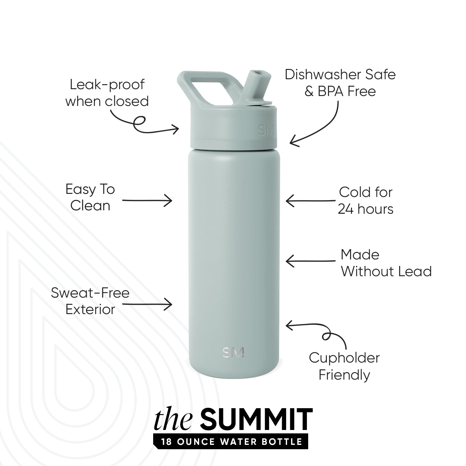 Sage green water bottle with white background featuring subtle light gray geometric wave patterns