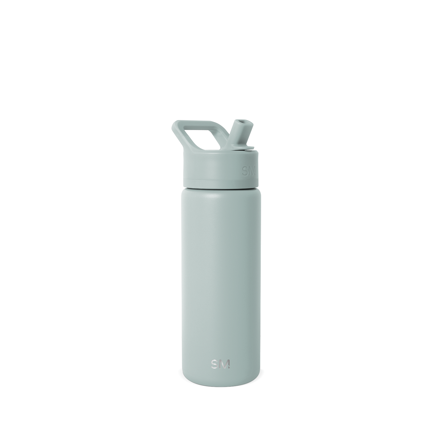 Sage green reusable water bottle with white cap against white background