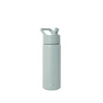 Sage green reusable water bottle with white cap against white background