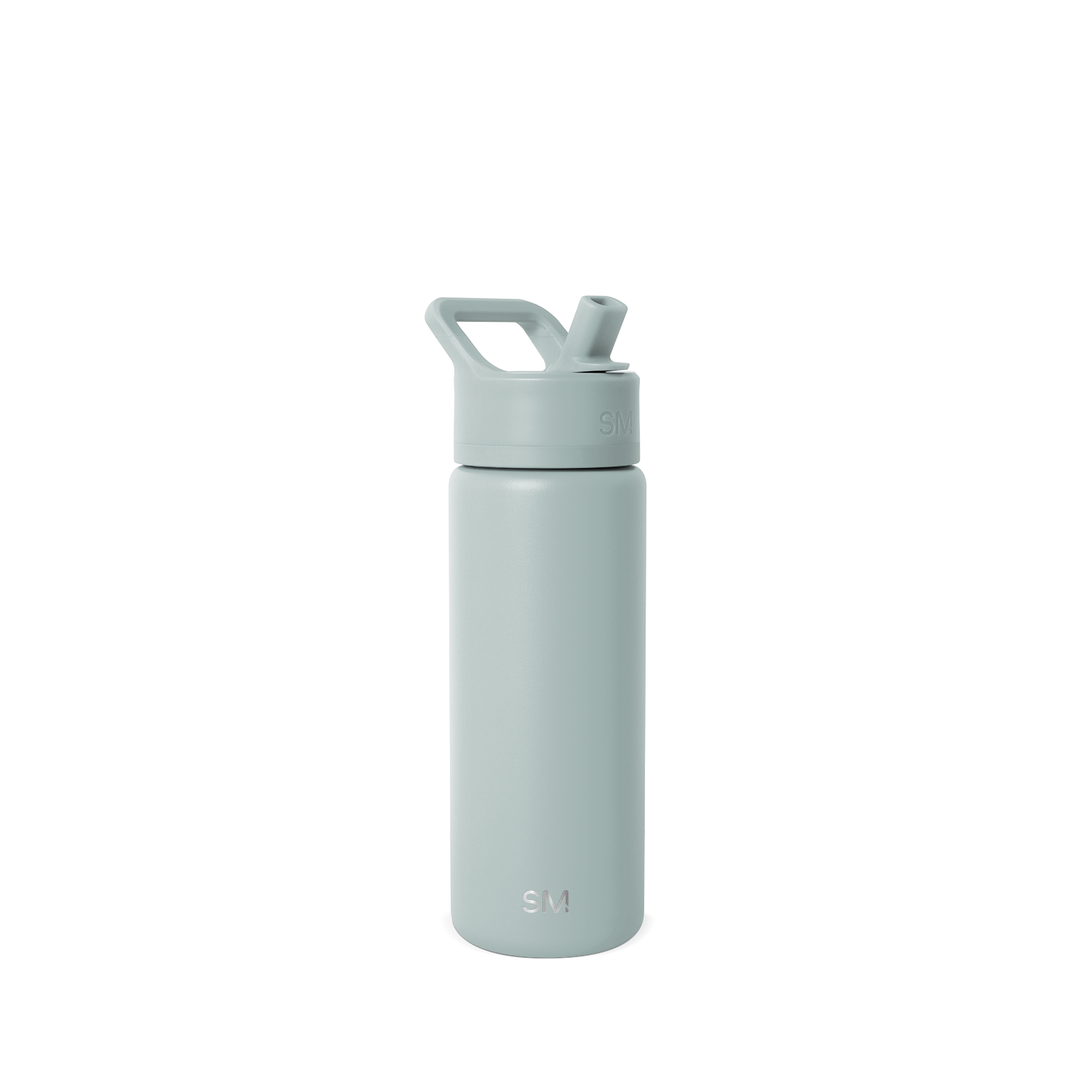 Sage green reusable water bottle with white cap against white background