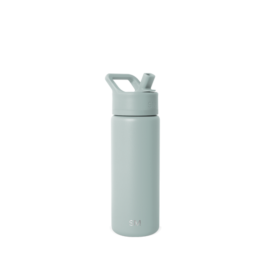 Sage green reusable water bottle with white cap against white background