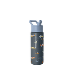 Dark charcoal gray water bottle with periwinkle blue cap and straw, decorated with colorful illustrated airplanes in yellow. Size small, model SM2-S-18-WU-M.