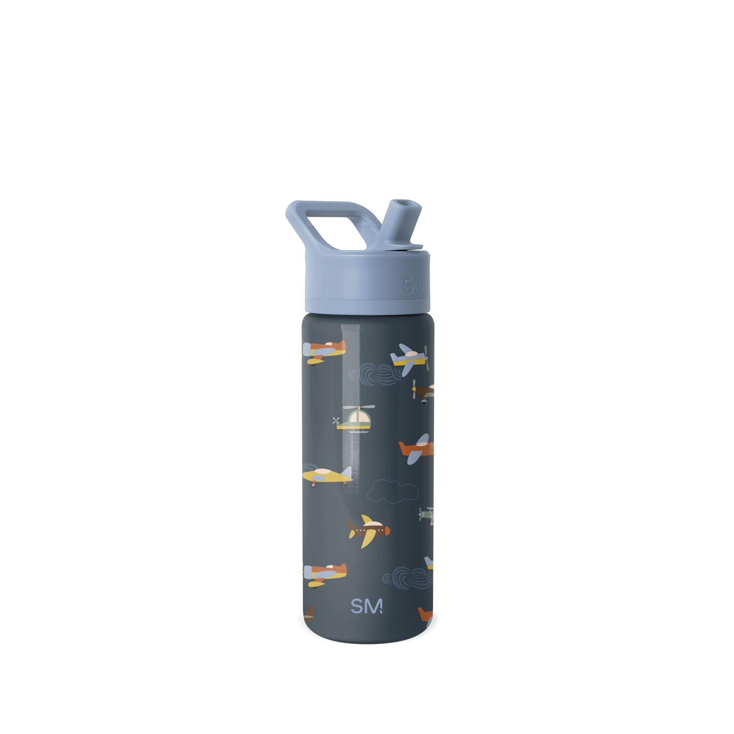Dark charcoal gray water bottle with periwinkle blue cap and straw, decorated with colorful illustrated airplanes in yellow. Size small, model SM2-S-18-WU-M.