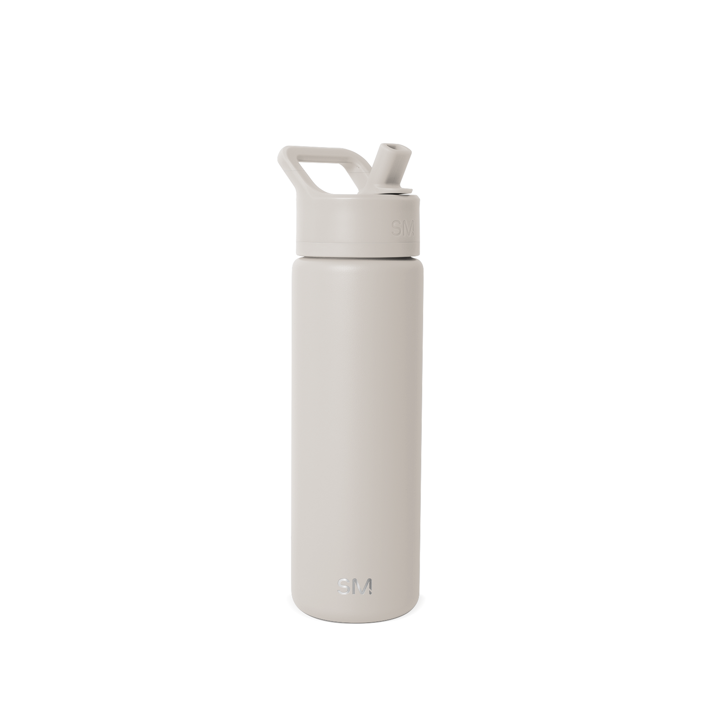 Beige and cream colored water bottle against light off-white background
