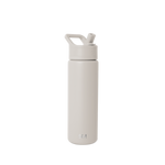 Beige and cream colored water bottle against light off-white background