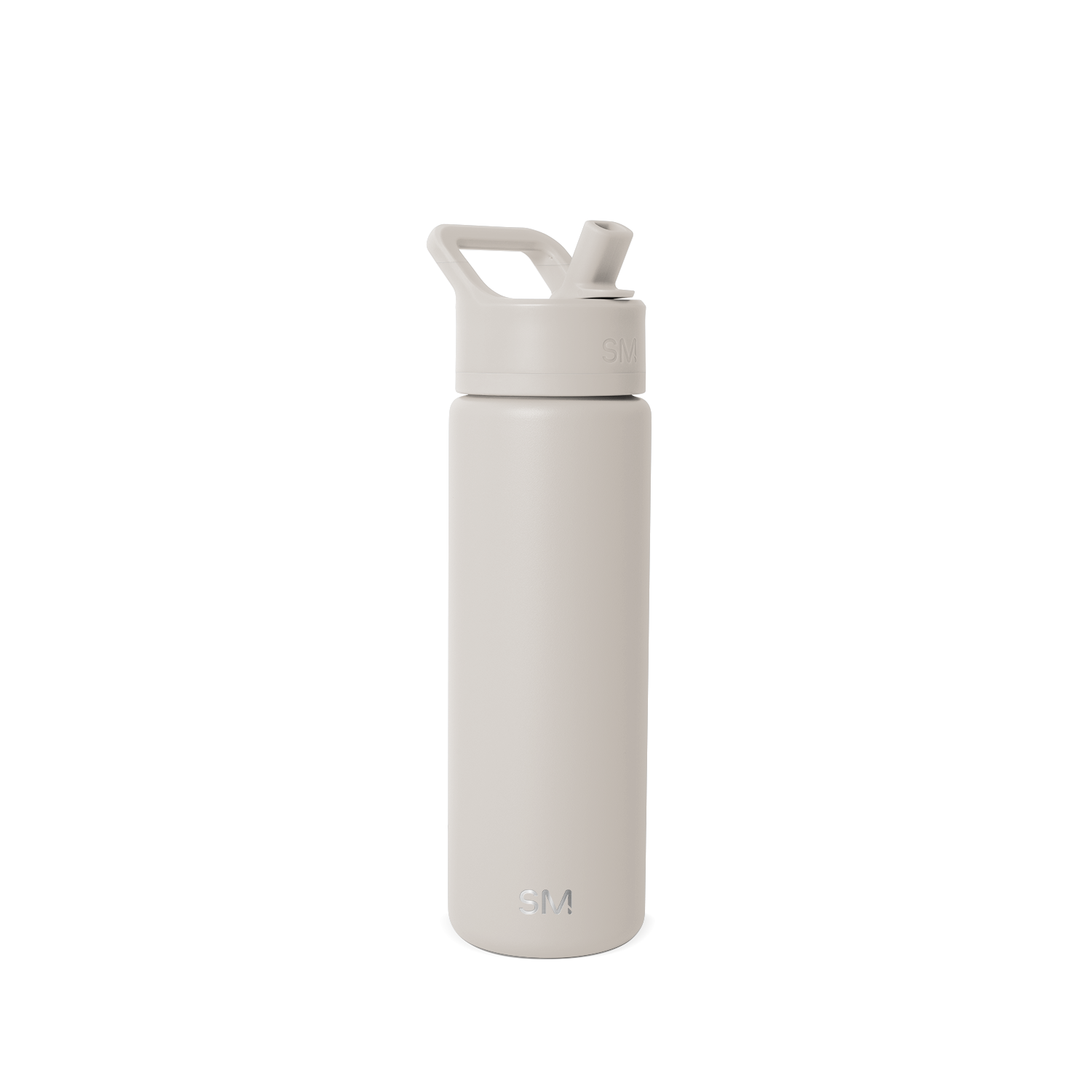 Beige and cream colored water bottle against light off-white background
