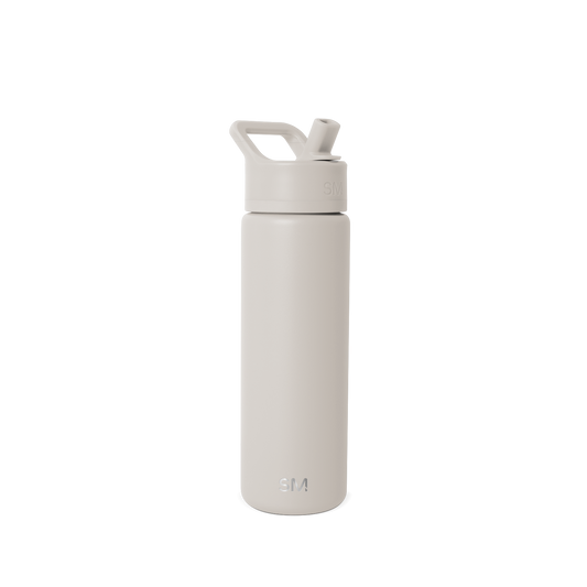 Beige and cream colored water bottle against light off-white background