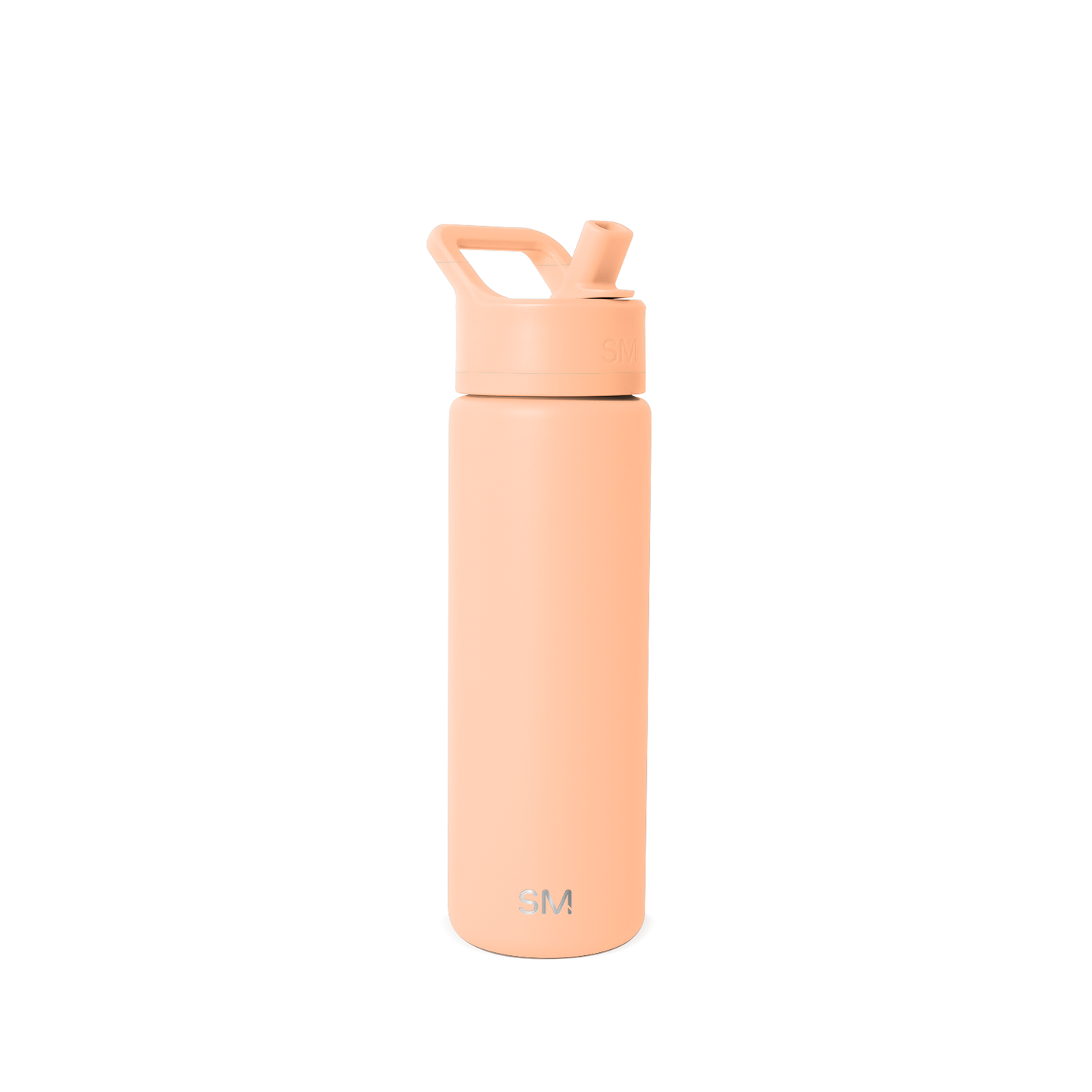 Tall cylindrical water bottle in soft peachy-beige with flip-top cap, angled straw opening, and curved carry handle