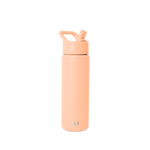 Tall cylindrical water bottle in soft peachy-beige with flip-top cap, angled straw opening, and curved carry handle