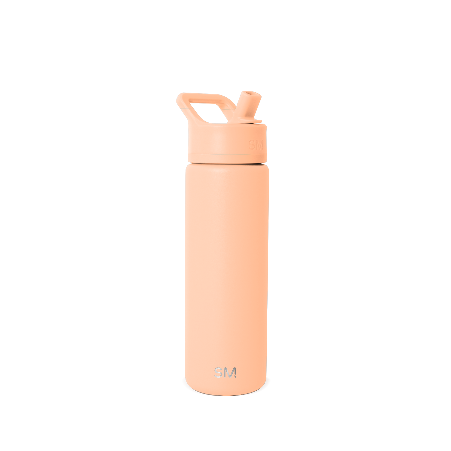 Tall cylindrical water bottle in soft peachy-beige with flip-top cap, angled straw opening, and curved carry handle