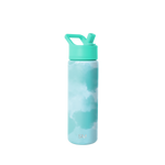 Soft turquoise water bottle with white base and bright mint green cap and handle