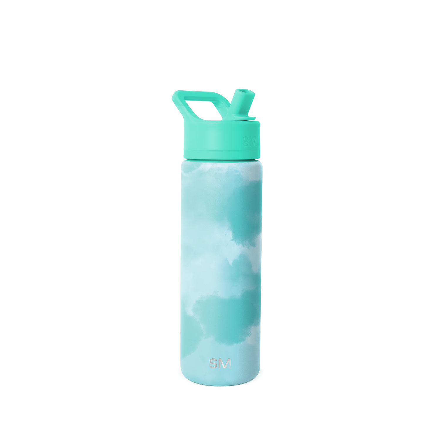 Soft turquoise water bottle with white base and bright mint green cap and handle